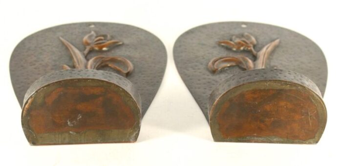 1800s arts and crafts mission pair of candle sconces embossed copper w tulips 2620