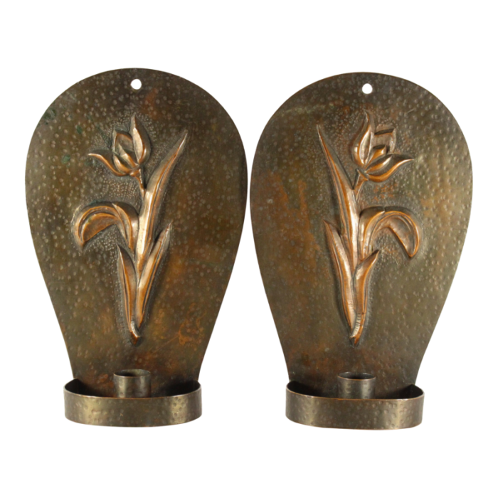 1800s arts and crafts mission pair of candle sconces embossed copper w tulips 6101