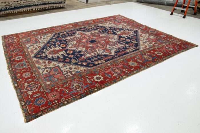 1900s antique blue persian heriz wool rug with allover pattern 7391