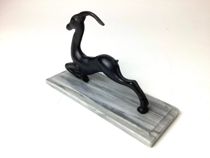 1920s art deco metal leaping gazelle figurine with marble base 0392