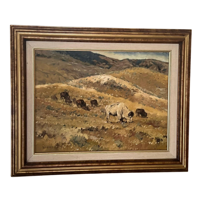 1930s vintage bison landscape painting by sheryl bodily framed 7642