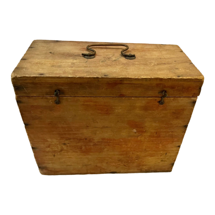 1940s upstate new york farm pine wood storage box with metal hardware 6997