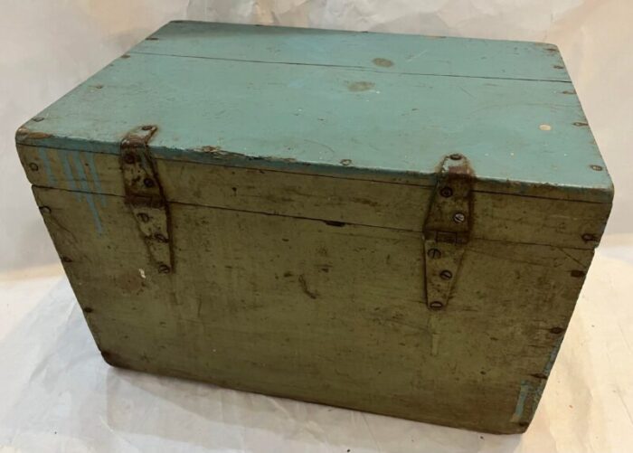 1940s upstate new york rustic primitive blue farm storage box metal hardware 0601