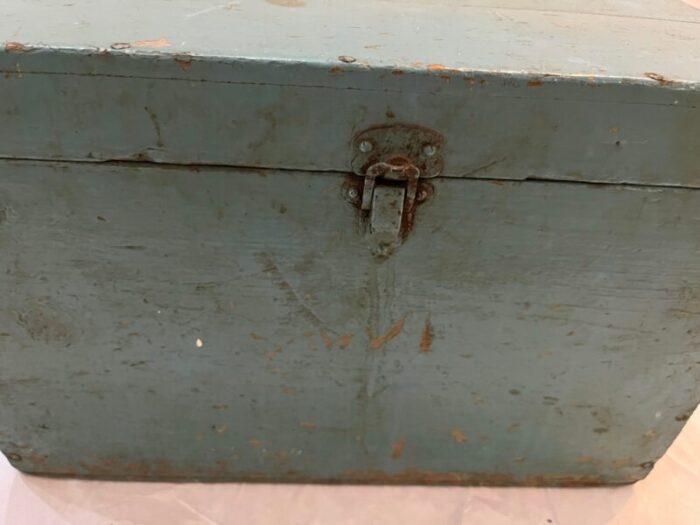 1940s upstate new york rustic primitive blue farm storage box metal hardware 2548