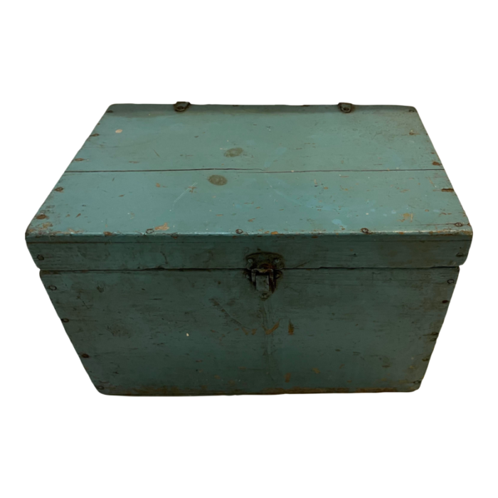 1940s upstate new york rustic primitive blue farm storage box metal hardware 4532