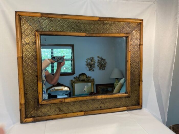 1940s vintage bamboo and pressed quatrefoil metal wall mirror 4362