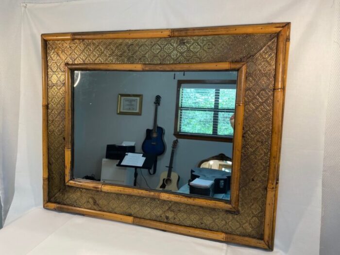 1940s vintage bamboo and pressed quatrefoil metal wall mirror 9695