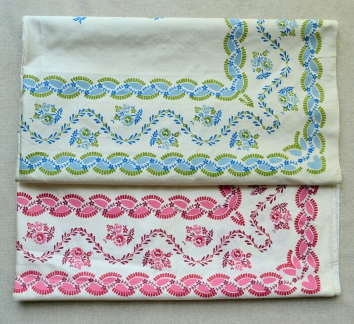 1950s floral border silk blend fabric samples set of 2 0689