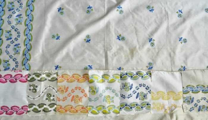 1950s floral border silk blend fabric samples set of 2 3681