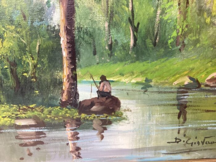 1950s painting fisherman on side of river oil on canvas signed d giovanni framed 1161