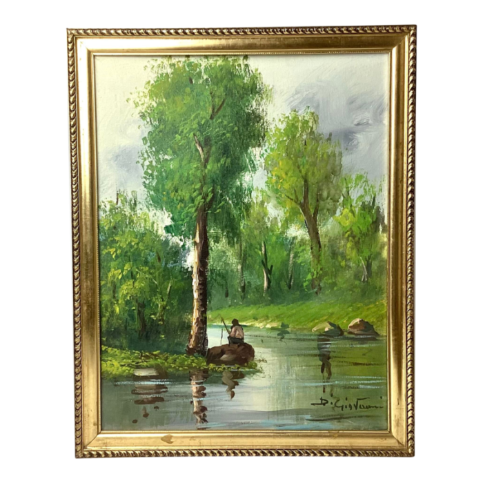 1950s painting fisherman on side of river oil on canvas signed d giovanni framed 8903