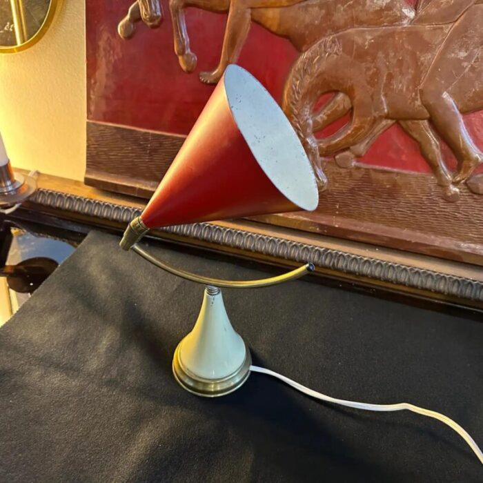 1950s stilnovo style mid century modern brass and metal cone table lamp 4327