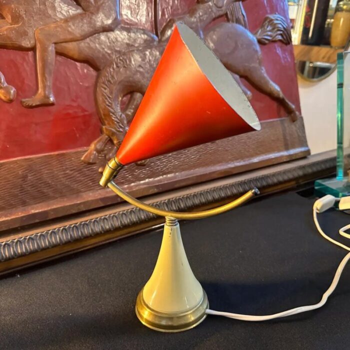 1950s stilnovo style mid century modern brass and metal cone table lamp 9799