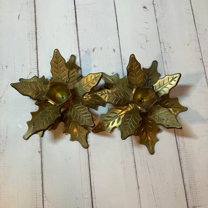 1960s brass layered leaf poinsettia taper candle holders set of 2 0013