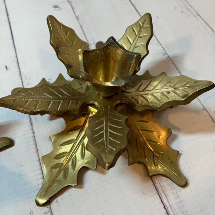 1960s brass layered leaf poinsettia taper candle holders set of 2 0547