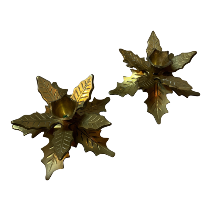 1960s brass layered leaf poinsettia taper candle holders set of 2 1245