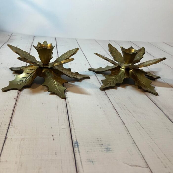 1960s brass layered leaf poinsettia taper candle holders set of 2 1892