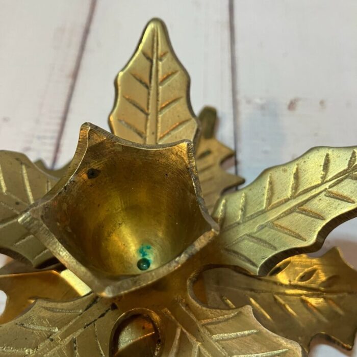 1960s brass layered leaf poinsettia taper candle holders set of 2 7495