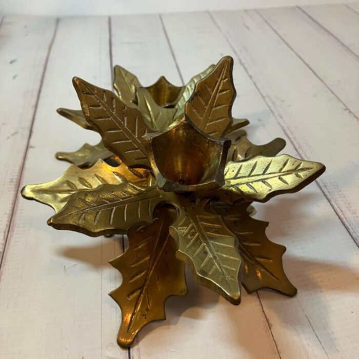 1960s brass layered leaf poinsettia taper candle holders set of 2 8609