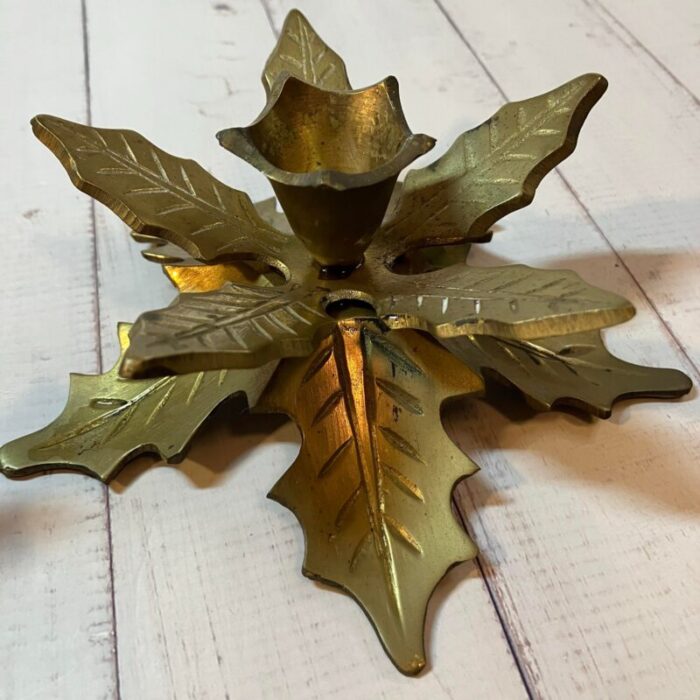 1960s brass layered leaf poinsettia taper candle holders set of 2 8740