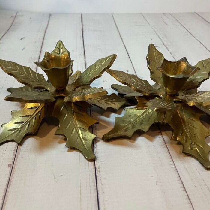 1960s brass layered leaf poinsettia taper candle holders set of 2 9707