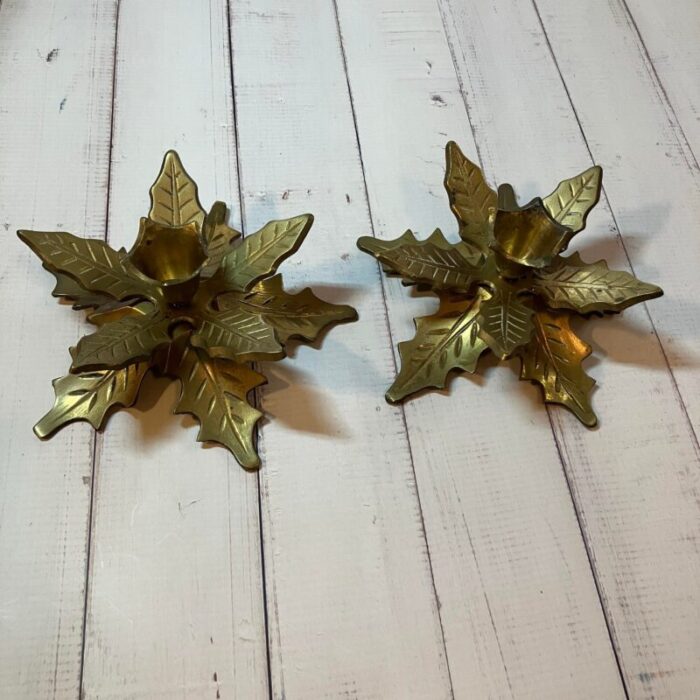 1960s brass layered leaf poinsettia taper candle holders set of 2 9809