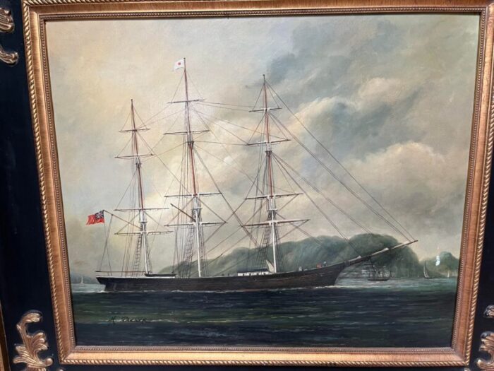 1960s h parker oil painting on canvas american clipper ship with a flag blowing framed 1344