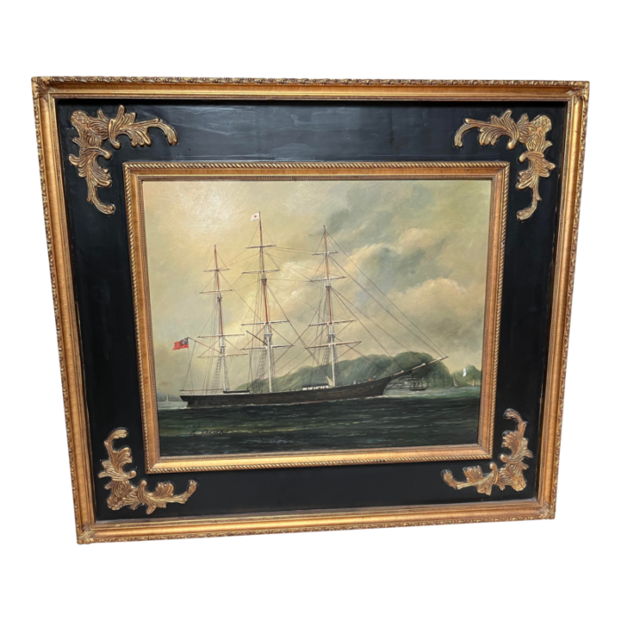 1960s h parker oil painting on canvas american clipper ship with a flag blowing framed 5326