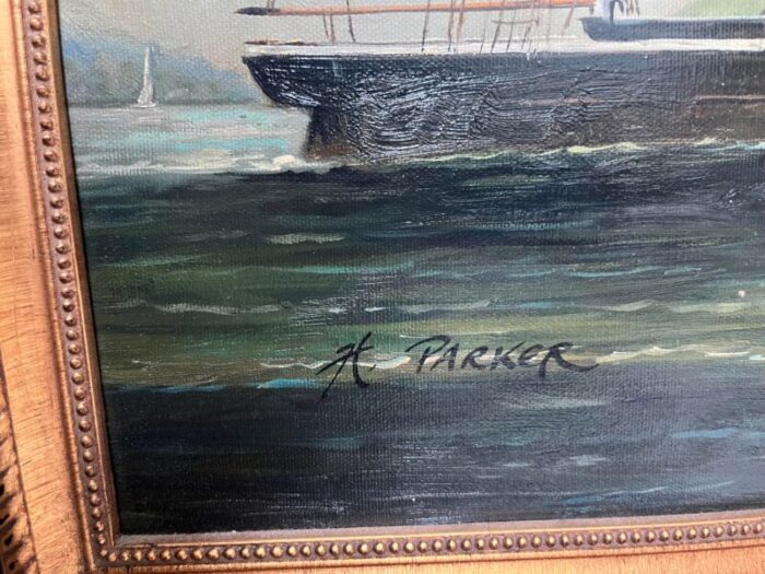 1960s h parker oil painting on canvas american clipper ship with a flag blowing framed 6324