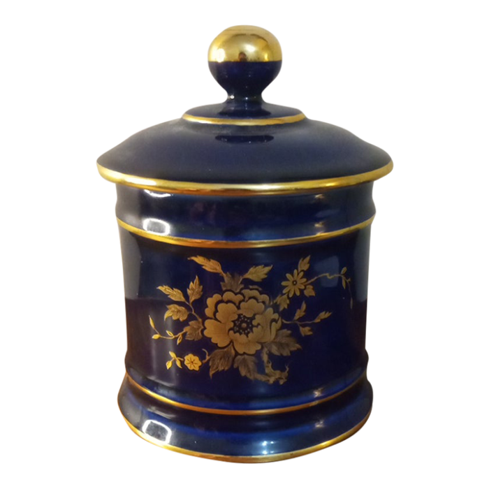 1960s limoges france gilted cobalt blue lidded canister jar 3538