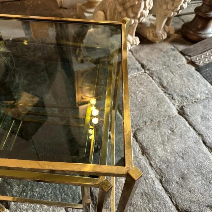 1960s mid century modern set of three brass and smoked glass nesting tables 5442