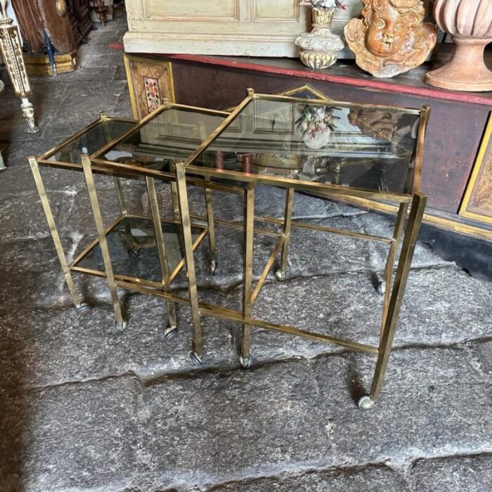 1960s mid century modern set of three brass and smoked glass nesting tables 7960