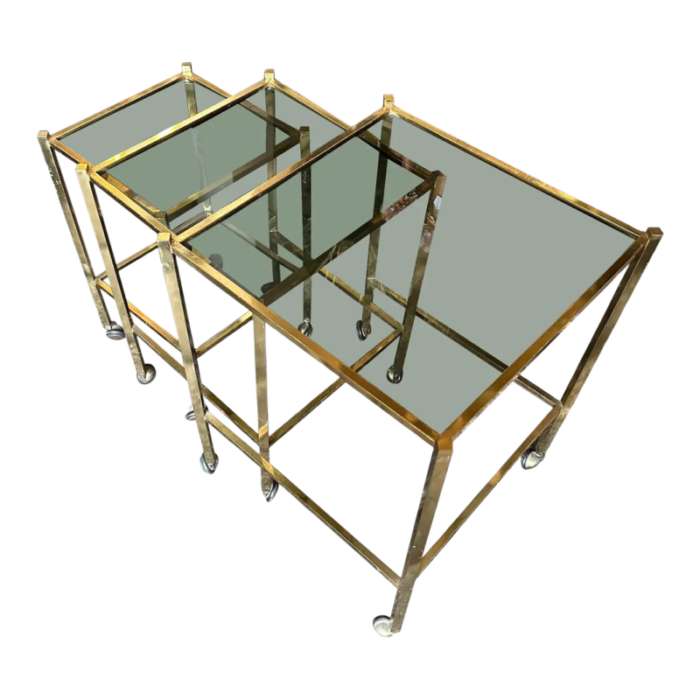 1960s mid century modern set of three brass and smoked glass nesting tables 8102