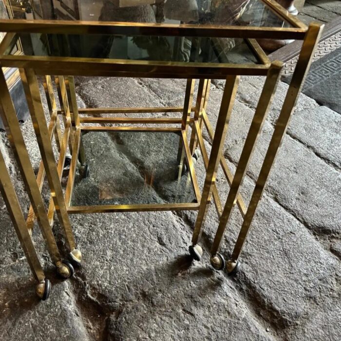 1960s mid century modern set of three brass and smoked glass nesting tables 8104