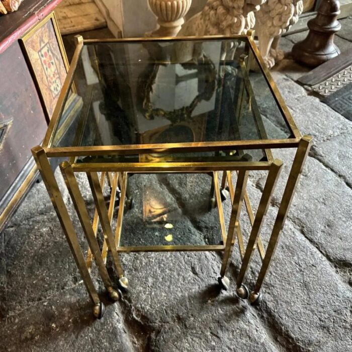 1960s mid century modern set of three brass and smoked glass nesting tables 8339