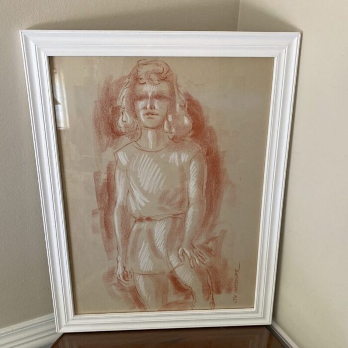 1960s vintage french style woman portrait sketch signed lyn gardner framed 2498