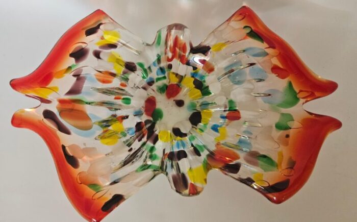 1970s amber edged murano style glass bowl with multicolored speckles 5381