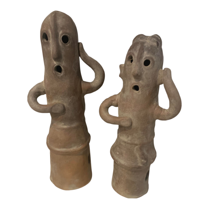 1970s japanese dancing haniwa pair of human shaped clay figurines man and woman imported from japan 9222