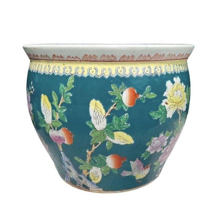 1970s large ceramic turquoise chinoiserie fish bowl garden planter with floral motif 3406