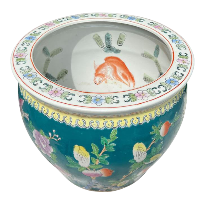 1970s large ceramic turquoise chinoiserie fish bowl garden planter with floral motif 3511