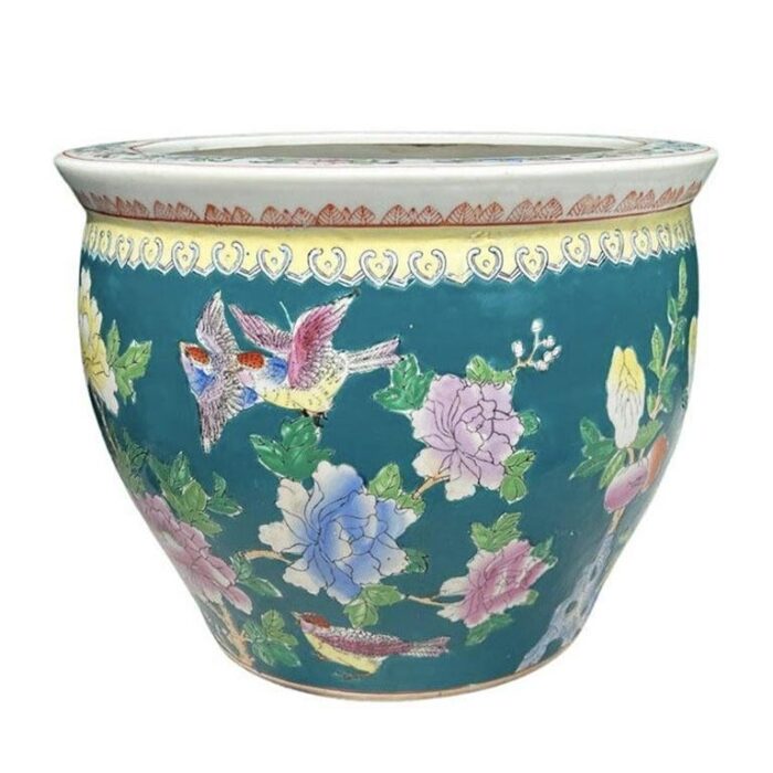 1970s large ceramic turquoise chinoiserie fish bowl garden planter with floral motif 5905