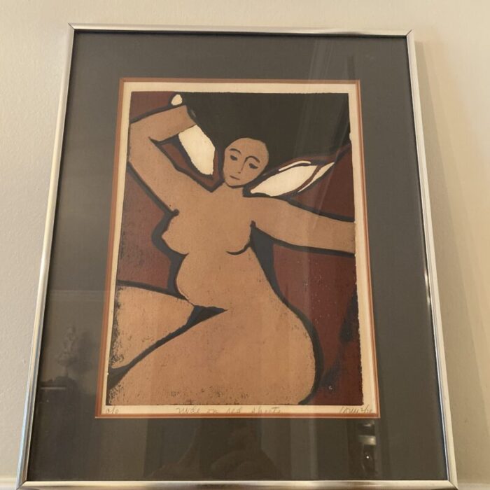 1970s nude on bed sheets painting by unknown artist framed 1653