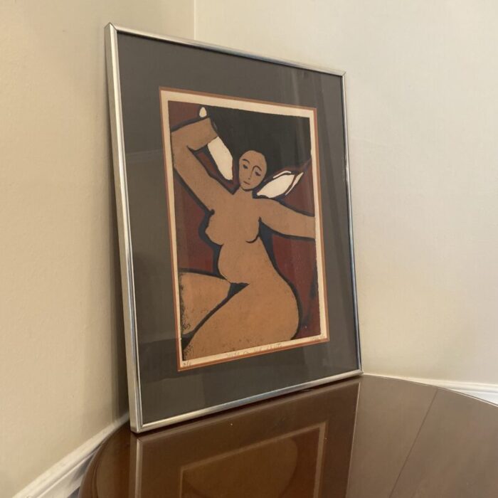 1970s nude on bed sheets painting by unknown artist framed 2272