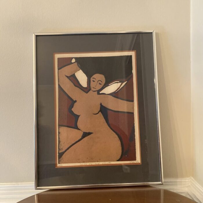 1970s nude on bed sheets painting by unknown artist framed 7051