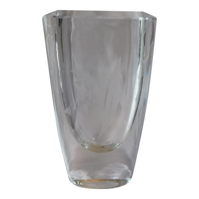 1970s orrefors signed thick crystal vase with etched flower 1079