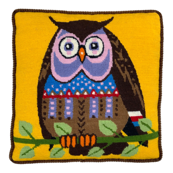 1970s pop art owl needlepoint pillow 2111