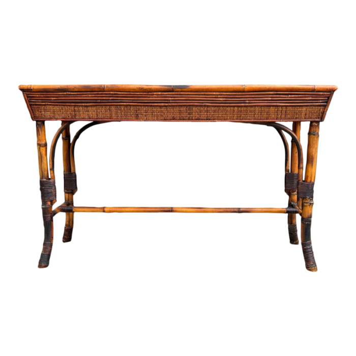 1970s vintage bamboo and grasscloth console table 4658