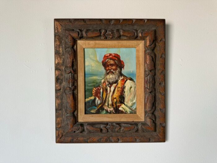 1970s vintage indian old man portrait oil painting signed 3504