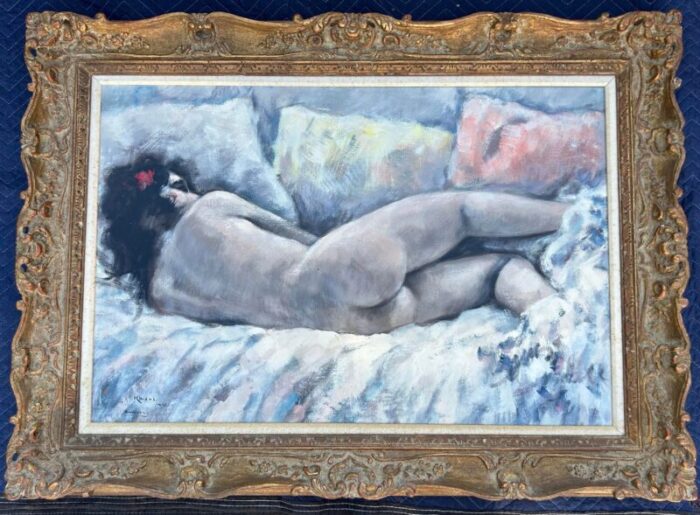 1970s vintage painting of a nude woman oil on canvas in french style wood frame 24 x 36 0595