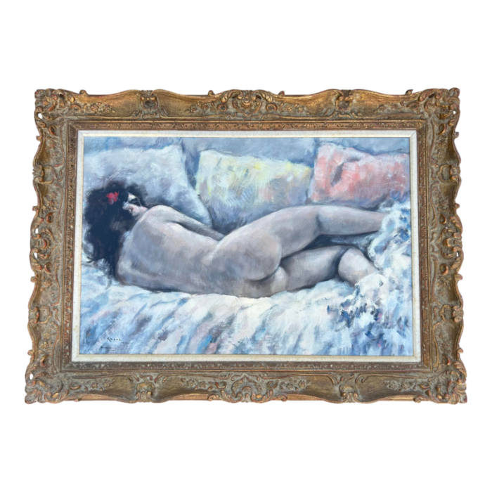 1970s vintage painting of a nude woman oil on canvas in french style wood frame 24 x 36 9476